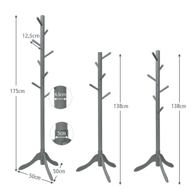 Coast Kapstok met 8 Haken - 175 cm - Verstelbare Hoogte - Grijs - 50 x 50 x 175 cm