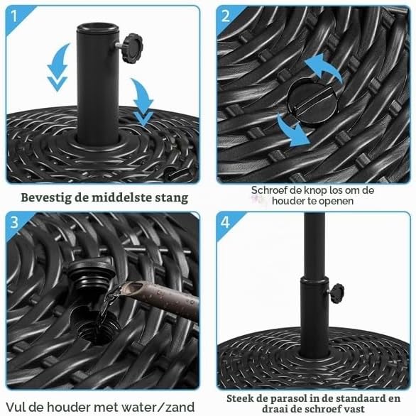 Yaheetech parasolvoet in rotanlook, vulbaar met water of zand – geschikt voor parasolstokken van Ø 38/48 mm – Ø 50 x 30 cm – zwart