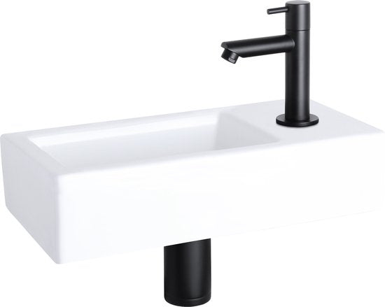 Differnz Helios fonteinset - 37,5x18,5x9,5 cm - Rechthoek - 1 kraangat rechts - Recht matte zwarte kraan - Wit
