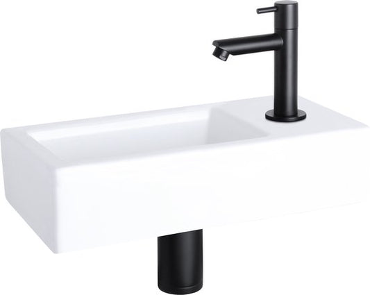 Differnz Helios fonteinset - 37,5x18,5x9,5 cm - Rechthoek - 1 kraangat rechts - Recht matte zwarte kraan - Wit