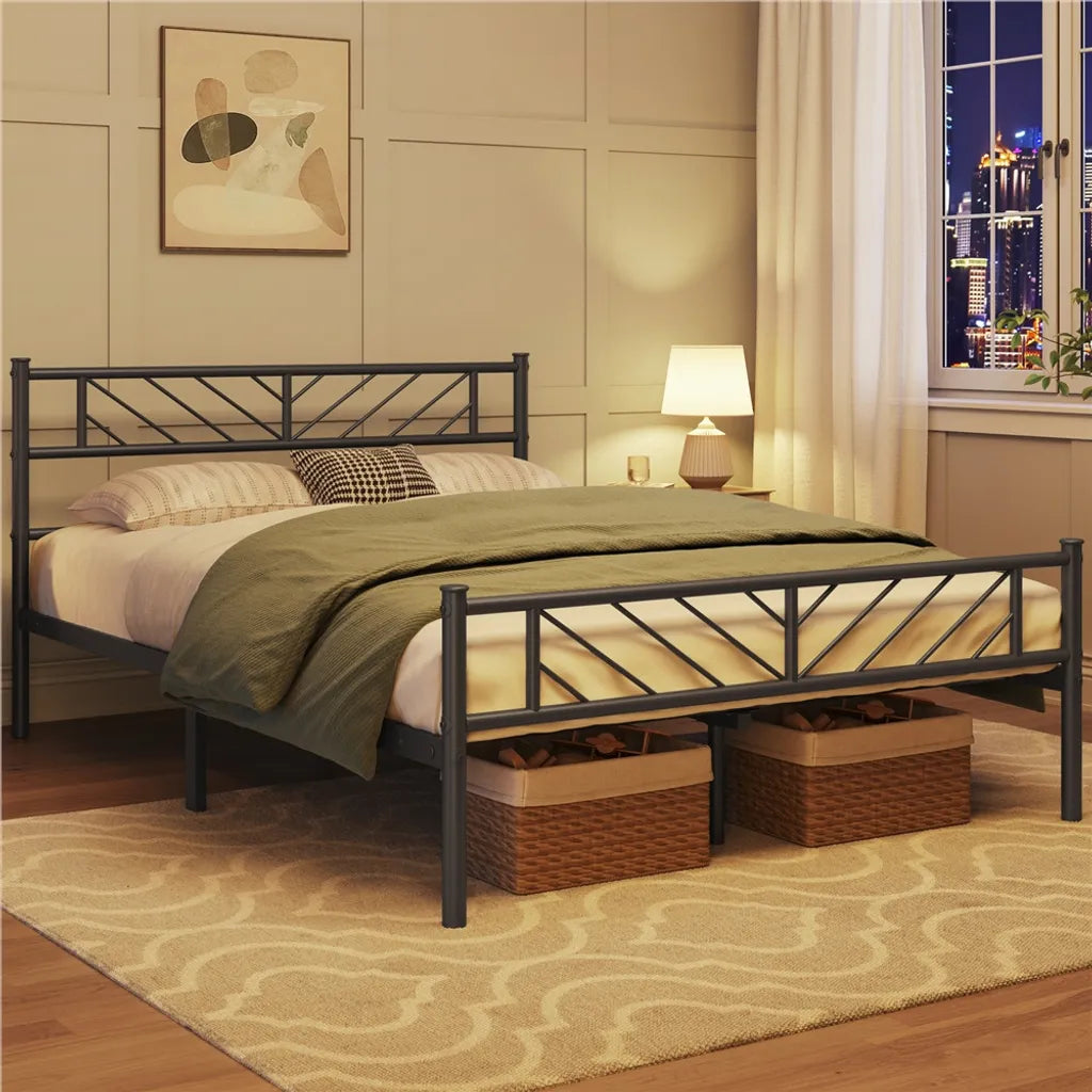 Yaheetech Metalen Bedframe 140 x 200 cm - Zwart - Tweepersoonsbed met Lattenbodem en Hoog Hoofdbord