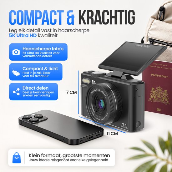 Strex Digitale Camera 5K 75MP - Fototoestel - Compactcamera met Wifi - Vlog Camera - Fotocamera voor Kinderen - 18x Zoom - Draaibaar Scherm - Zwart