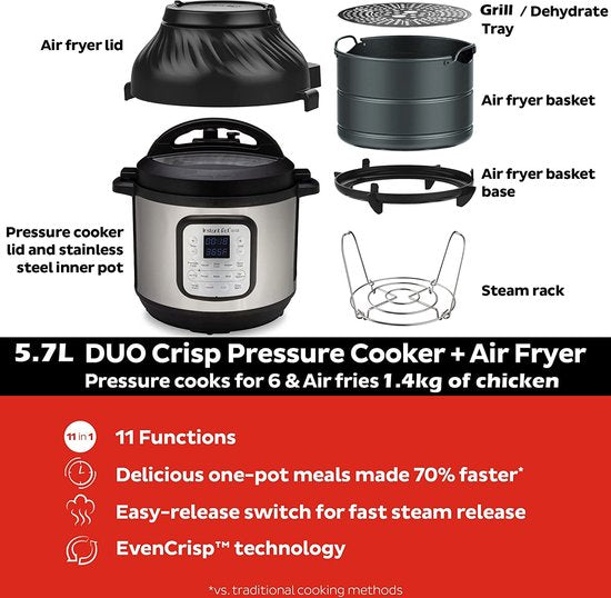 Instant Pot Duo Crisp 5,7L Multicooker + Airfryer - 11-in-1 - Snelkookpan - Slowcooker - Sous-vide - Air Fry - Stomen - Bakken - Tot 6 Porties