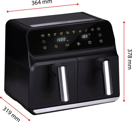 alpina Dubbele Airfryer XL 8L - Heteluchtfriteuse voor 4 tot 8 Personen - Inhoud 2x4L - Digitaal Display - Air Fryer 1700 W - Sync Finish Functie - Zwart