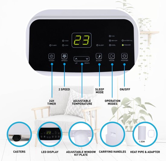 Lifetime Air Mobiele Airco – Voorzien Van 24-uurs Timer En Slaapstand En Digitaal Led-scherm – Voor Ruimtes Tot 16 m² – Wit Kunststof – 8000 BTU