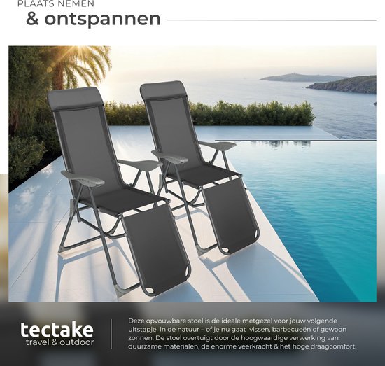 tectake® - Set van 2 klapstoelen - Aluminium tuinstoelen - Inklapbaar met hoofdsteun en voetensteun - Ligstoelen voor in de tuin, terras of balkon - Campingstoel - Antraciet