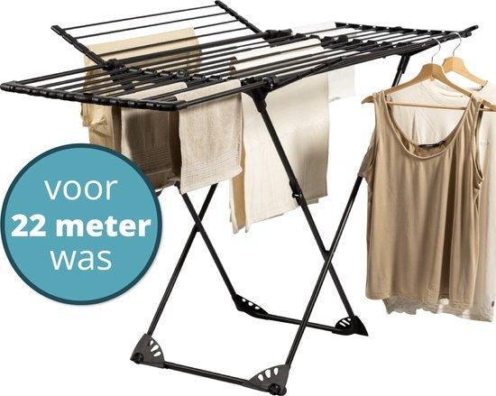 Homra Wasrek Inklapbaar - Tot 22m Was - Staand Droogrek Inklapbaar - Ruimtebesparend Wasrek - Droogrekken - Ecologisch Was Drogen - 182x97x103 CM - Metaal Zwart - Geschikt voor Grote Gezinnen