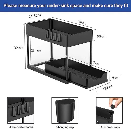Nexxt Keukenkast Organizer - 2 Lagen – Rek met Uitschuifbare Lade - Inclusief Haakjes en Bakjes – Gootsteen Organizer - Zwart