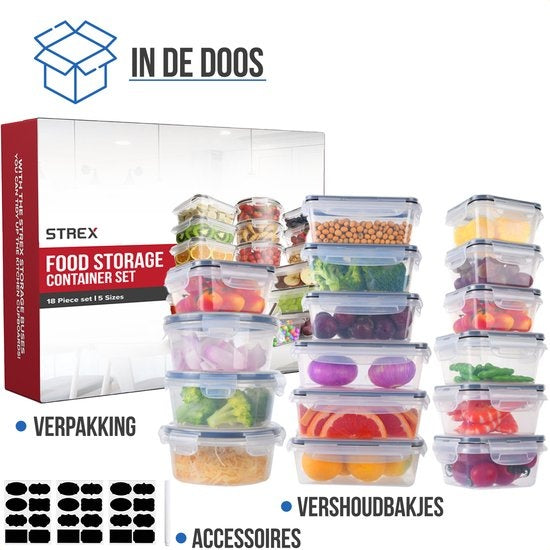 Strex Vershoudbakjes - Meal Prep Bakjes - Plastic Diepvries Bakjes - Met Deksel - 18 Delige set - BPA Vrije Magnetronbakjes