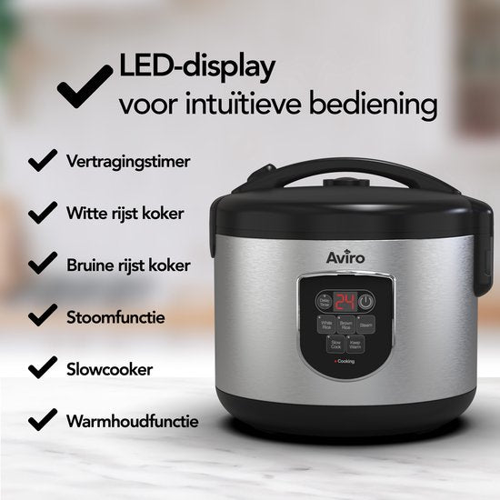 Aviro Rijstkoker - Slowcooker - 1,8L - 7 Functies - Warmhoudfunctie - Rice Cooker - Anti Aanbaklaag - Multicooker - 2-10 Personen - RVS