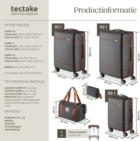tectake® Kofferset - 13-delige Reisset - Koffers - Koffer set - Bagageset Inclusief Handbagage Koffer, Ruimbagage Koffer Groot, Reistas, Toilettas, Accessoiretas - Trolley met TSA slot - Antraciet
