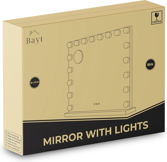 Bayt Hollywood Spiegel met Verlichting - Make Up Spiegel met Verlichting - Spiegel met Verlichting - Hollywood Spiegel 80x60 - Dimbaar - 10x Vergroting - 80x60cm - Wit