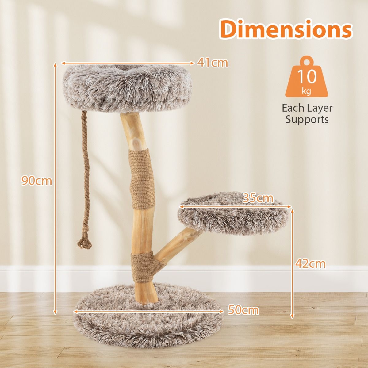 Coast Krabpaal voor Katten - 3 verdiepingen - perenhout en jute - lichtgrijs en beige - 90 cm