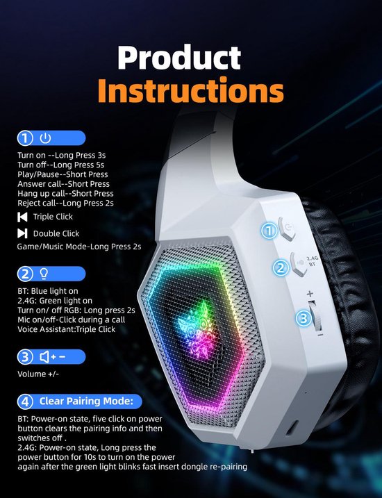 Onikuma GT806 Headset - Bedraad - draadloos  - Hoofdband - Gamen - Bluetooth - Wit