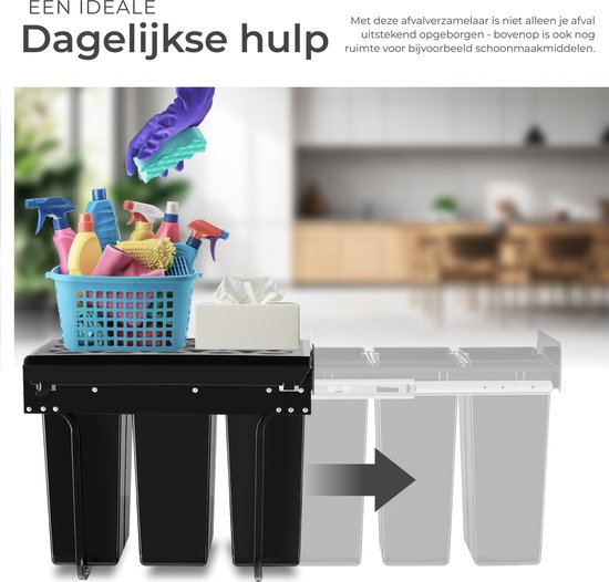 tectake® Afvalverzamelaar - Inbouw vuilnisbak - Meervoudige afvalscheiding - Efficiënte opruimoplossing voor keuken en kantoor - Driedubbele prullenbak met telescooprails - 3x 10L