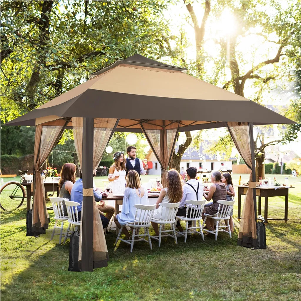 Yaheetech Partytent - 4 x 4 m - Inklapbaar - Tuinpaviljoen - Gaaswanden - Verstelbaar - 271-291 cm - Khaki/Bruin