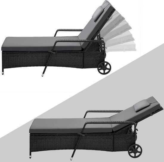 Casaria Polyrattan Ligstoel – Incl. Kussen 160 Kg - Zwart Antraciet