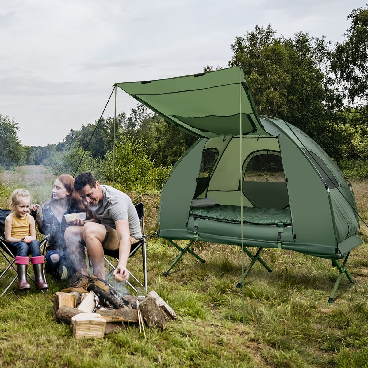 Coast Veldbed met Tent - 5-in-1 Kampeerset - Luchtmatras, Slaapzak en Kussen - Groen - 194 x 87 x 167 cm