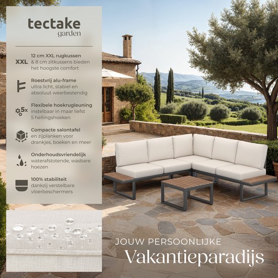 tectake® Tuinset - loungeset 4-delig - Weerbestendige tuinmeubelen met aluminium frame en polywood tafel - Verstelbare rugleuning - Tuinmeubelset met kussens - Ideaal voor tuin, balkon en terras
