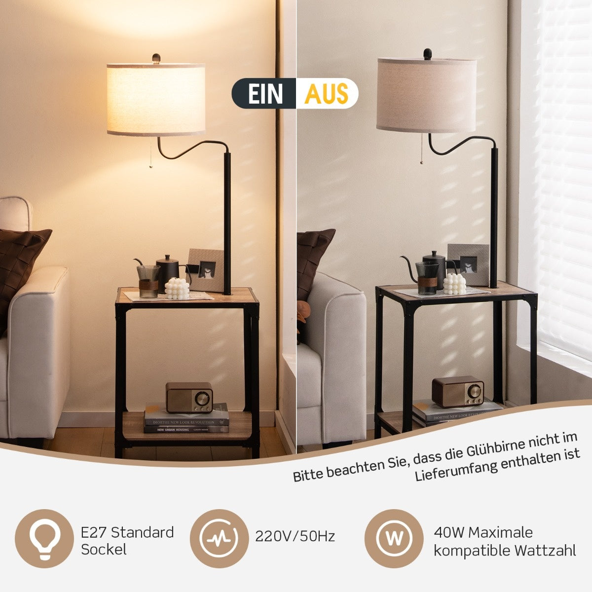 Coast moderne bijzettafel met tafellamp en 360 ° roteerbare bedlamp 49 x 34 x 144 cm