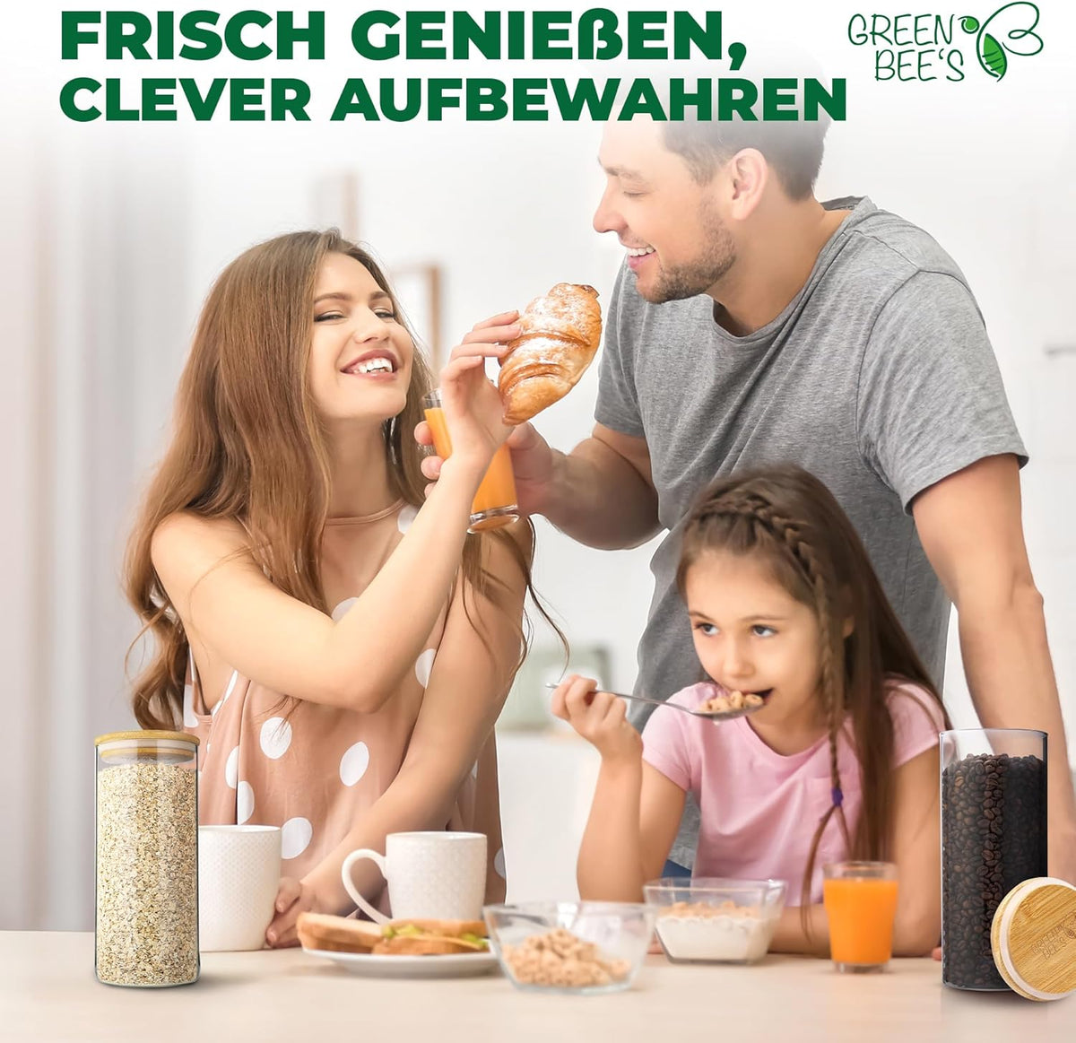 GREEN BEE`S voorraadpot groot - 2x1500ml Nieuw model - Perfect voor lade & apothekerskast - Duurzame voorraadpotten met luchtdichte deksels - Voor bloem, suiker, pasta, koffie & havermout