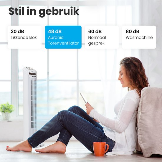 Auronic Torenventilator - Staande Ventilator met Afstandsbediening - Timer - 50W - 45dB - 74cm - Wit