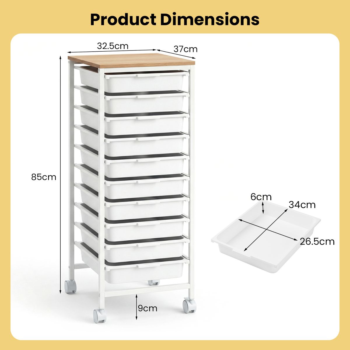 Coast Rolcontainer met 10 lades - stabiel metalen frame - houten blad - wit - 37 x 32,5 x 85 cm