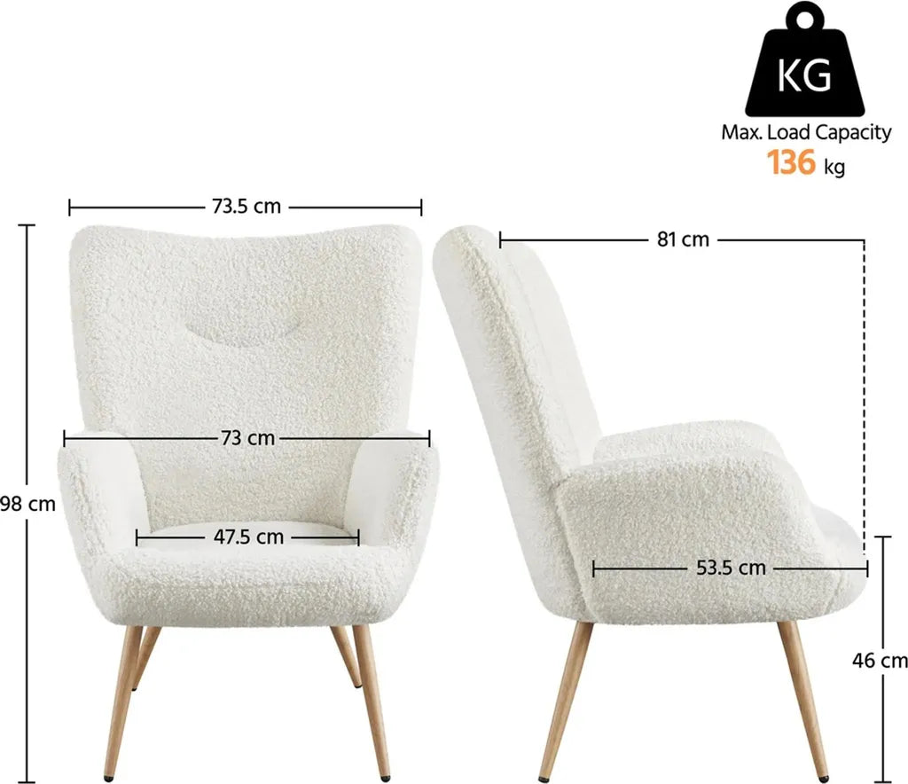 Yaheetech Relaxstoel 73,5 x 81 x 98 cm - Wit - Scandinavische Fauteuil met Bouclé Bekleding