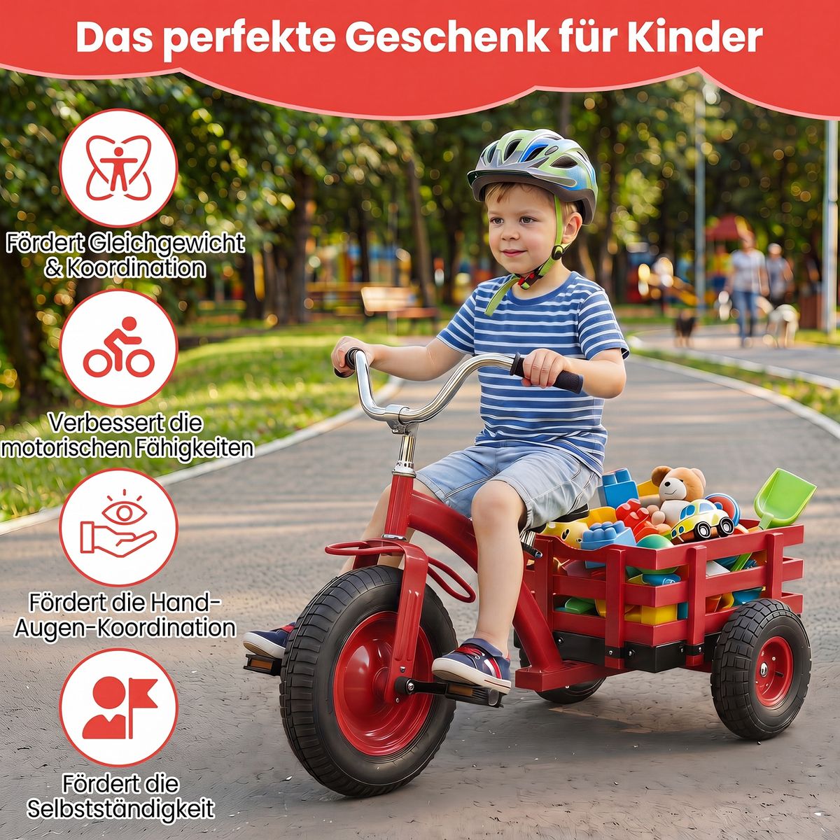 Coast Kinderdriewieler met verstelbaar stuur en zadel - met aanhanger - rood