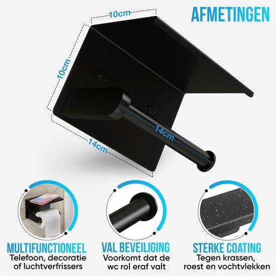 Strex WC Rolhouder met Plankje - Zwart - Zelfklevend / Boren / Zonder Boren - Toiletrolhouder - WC Papier Houder