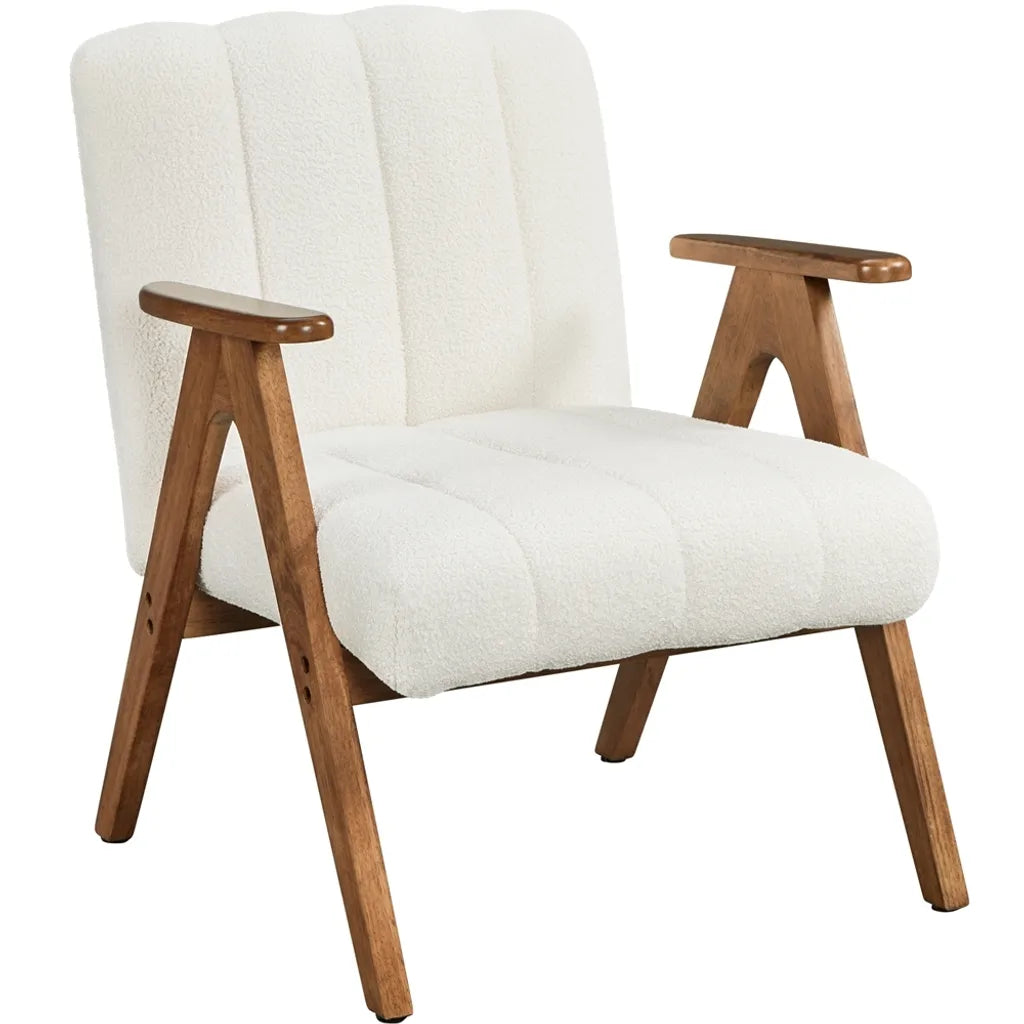 Yaheetech Fauteuil Wit – Bouclé Loungestoel met Armleuningen en Houten Poten – 60,5 x 68,5 x 73 cm