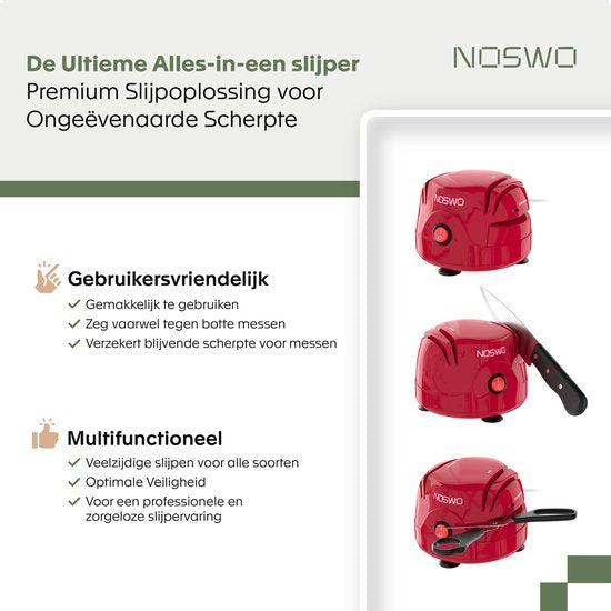 Noswo Elektrische Messenslijper - Multifunctioneel - Geschikt voor Messen, Schroevendraaiers en Scharen - Anti Slip - Rood