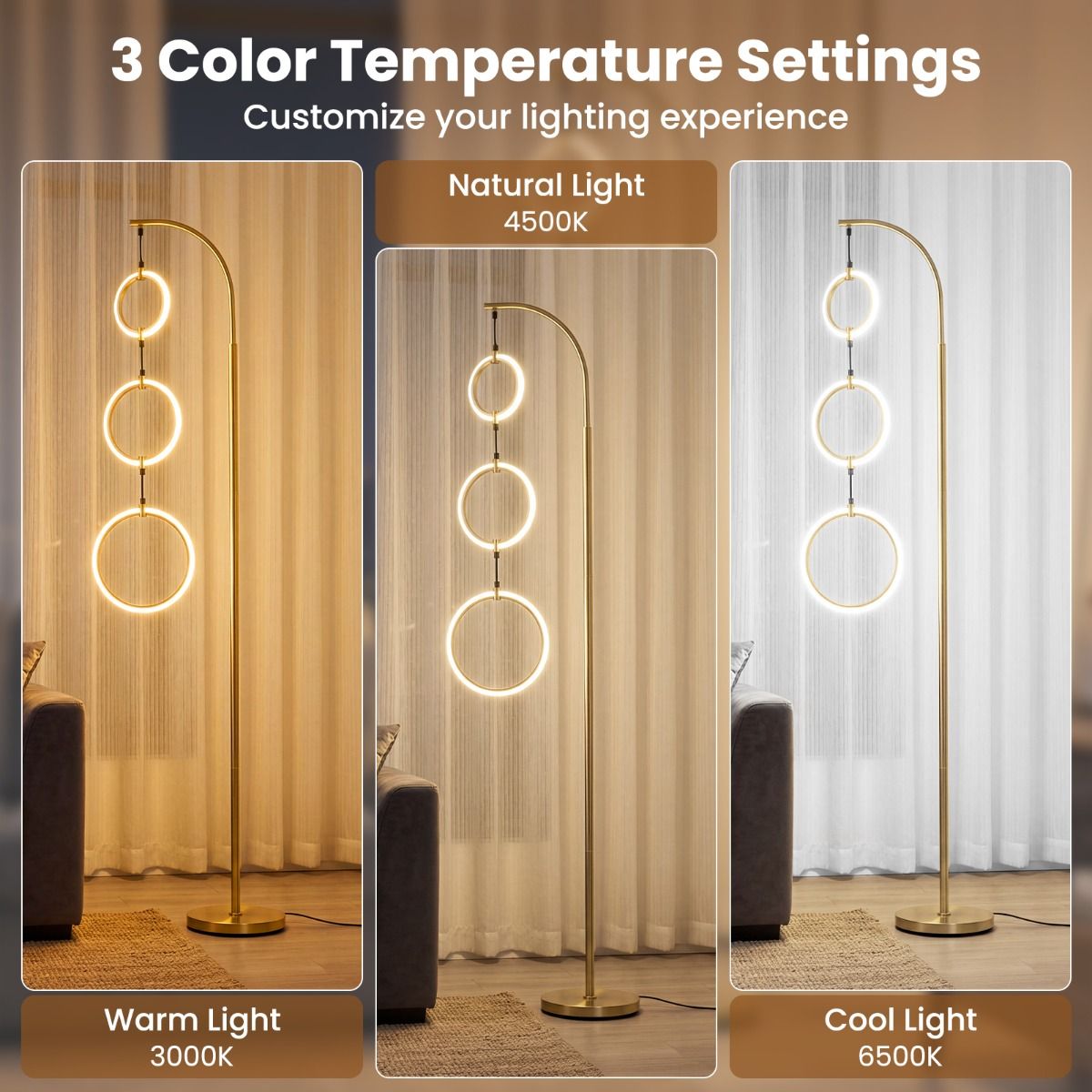 Coast Staande Lamp - dimbaar met voetschakelaar - 3 LED-lichtringen - goud