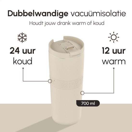 ONYX Drinkfles met Rietje 700ML - Waterfles voor Kinderen & Volwassenen - Thermosbeker Travel Mug - Motiverende Drinkbus - Drinkbeker voor School - Beige