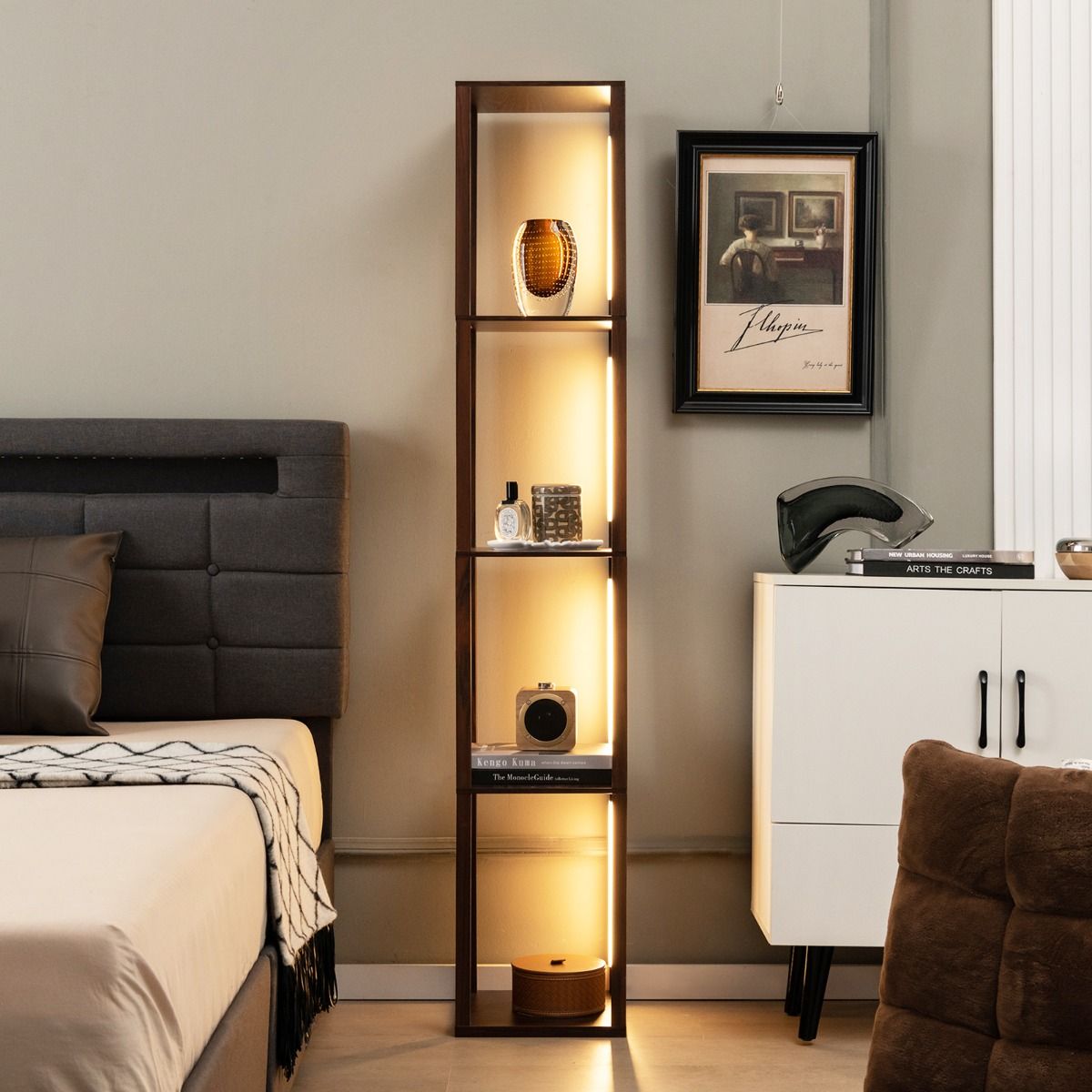 Coast Vloerlamp met Opbergrekken - 3-traps dimbare LED-verlichting - 4 planken - bruin - 163 cm