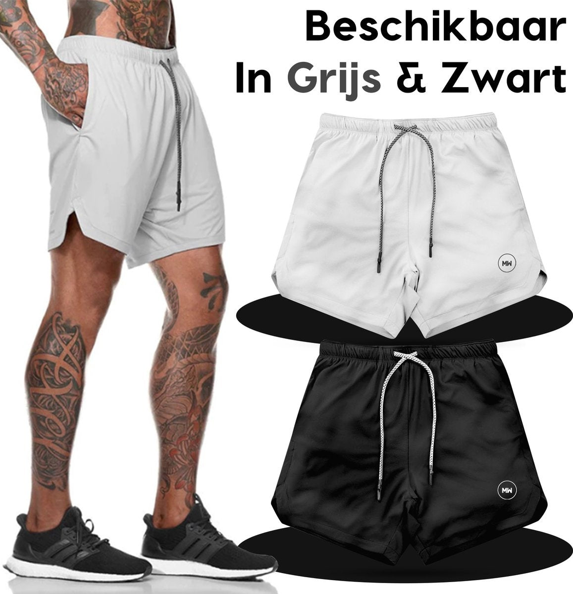 MW® - Sportbroek Heren - Fitnessbroek - Sportkleding - 2 in 1 Shorts - Hardloopbroek (Grijs - S)