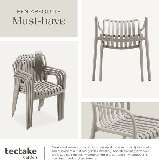 tectake® Set van 4 Tuinstoelen Alcudia - Taupe - Kunststof Stoelen met Armleuning- Stapelbaar - Stoelen voor Tuin, Terras of Balkon - Weerbestendig en UV-bestendig - Draagkracht 120kg per Tuinstoel