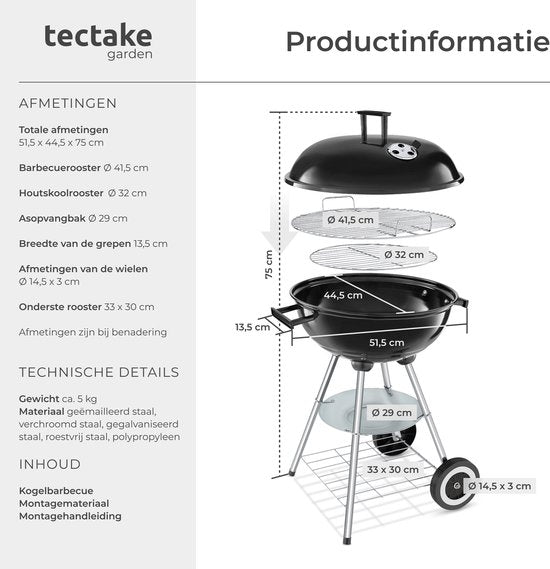 tectake® Houtskool Barbecue - Kogel BBQ - Ø 41,5 cm Grillplaat - Grill met 2 Wielen - Smoker met Deksel - Rond - Zwart - Metaal