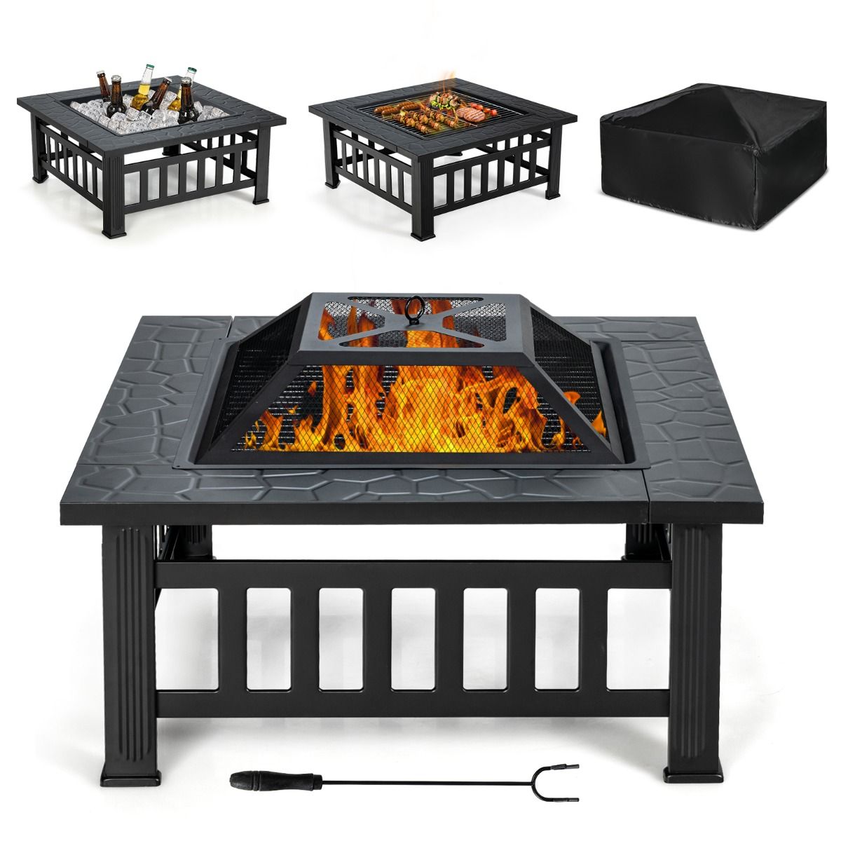 Coast vierkante vuurplaats - 3-in-1 vuurschaal tafel - met BBQ rooster en ijsemmer - zwart 81 x 81 x 50 cm