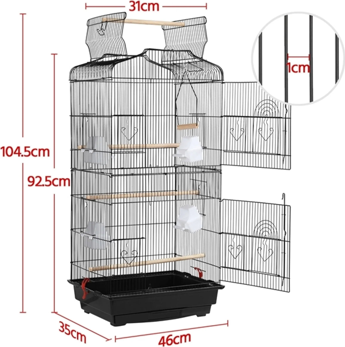 Yaheetech Ruime Vogelkooi met Open Dak en Schommel 46x35x104,5 cm – Klassiek Zwart – Metaal