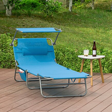 SoBuy Ligbed set van 2 - Afneembaar Kussen - Verstelbaar Zonnedak - Blauw