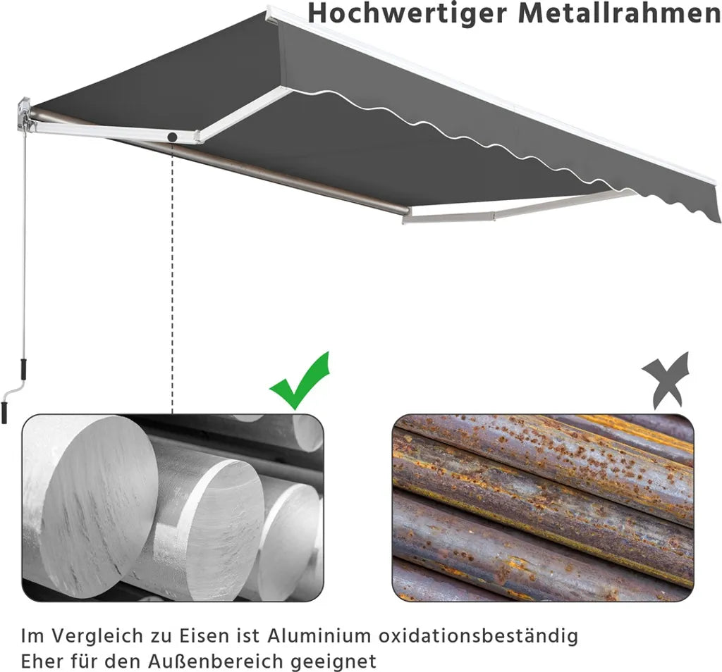 Yaheetech Knikarmscherm 300 × 250 cm – Donkergrijs – Handmatig Zonnescherm met Zwengel en Verstelbare Hoek 5–35°