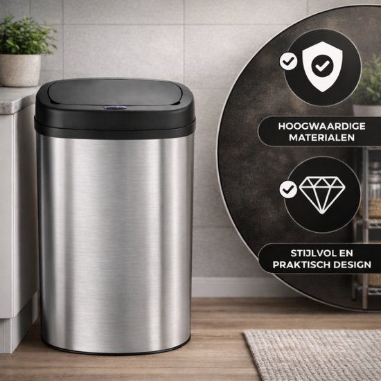 Bayt Prullenbak - Prullenbak 60 Liter - Prullenbak met Sensor - Vuilnisbak - Afvalbak - Metaal - Zilver