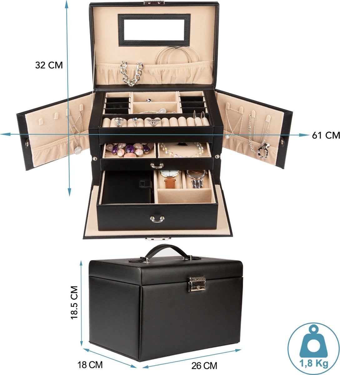 LifeGoods Sieradendoos XL - Juwelendoos - 20 Vakken - Zwart/Beige