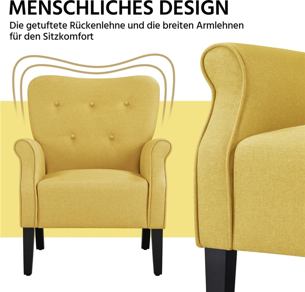 Yaheetech Loungefauteuil met Houten Poten - 74 x 72 x 94 cm - Geel