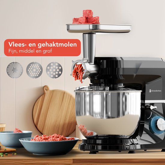 KitchenBrothers Keukenrobot - 6-in-1 Keukenrobot - 1500W - Met Gehaktmolen, Blender en 15 Accessoires - 6,2L RVS Kom - Zwart