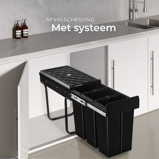 tectake® Afvalverzamelaar - Inbouw vuilnisbak - Meervoudige afvalscheiding - Efficiënte opruimoplossing voor keuken en kantoor - Driedubbele prullenbak met telescooprails - 3x 10L