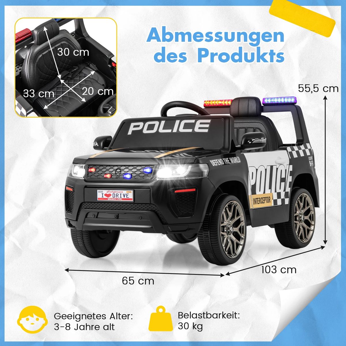 Coast Elektrische Kinderpolitieauto - met afstandsbediening - sirene en LED-verlichting - zwart