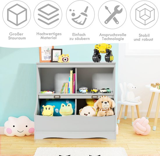 COSTWAY Kinderrek, speelgoedrek met 4 vakken, boekenrek voor kinderen, opbergrek, speelgoedorganizer voor kinderkamer en speelkamer, 67 x 40 x 62 cm, grijs