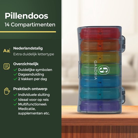 Gandria Pillendoos 7 Dagen - Uitneembaar Pillendoosje - Medicijndoos met 14 Compartimenten - Medicijndoos met Stevige Sluiting - 2 Vakken per Dag - 7 Kleuren